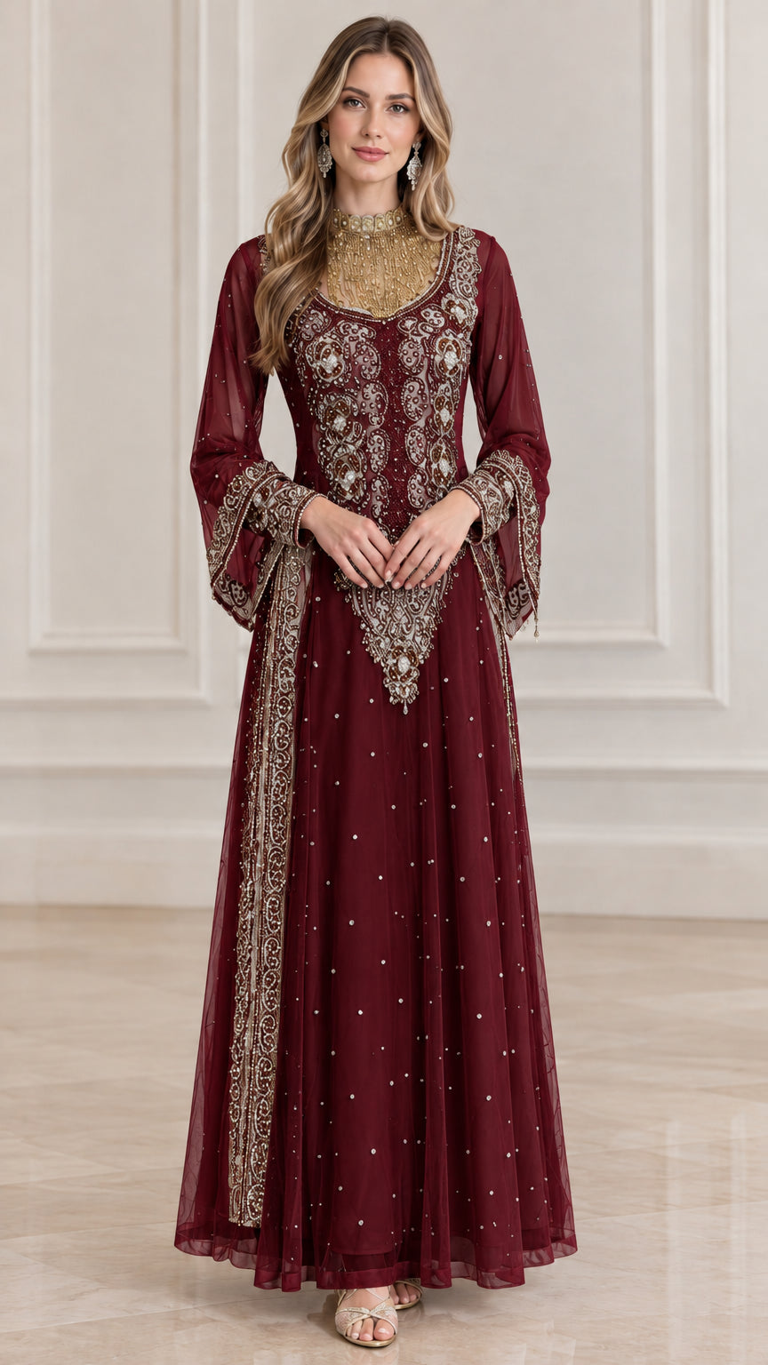 Front view of burgundy wine embellished long sleeve maxi evening gown