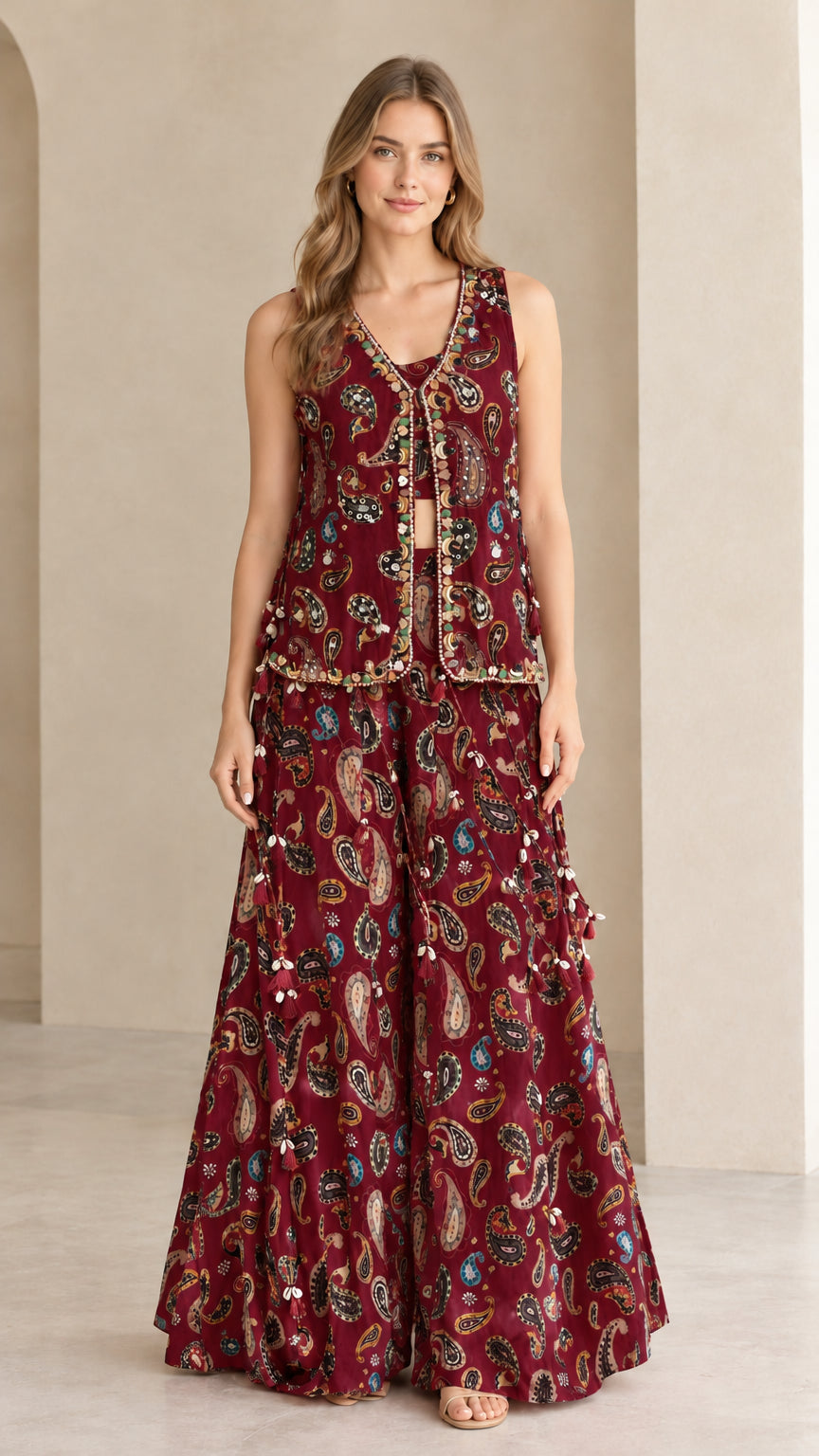Front view of burgundy wine paisley print 3-piece embellished palazzo pant set