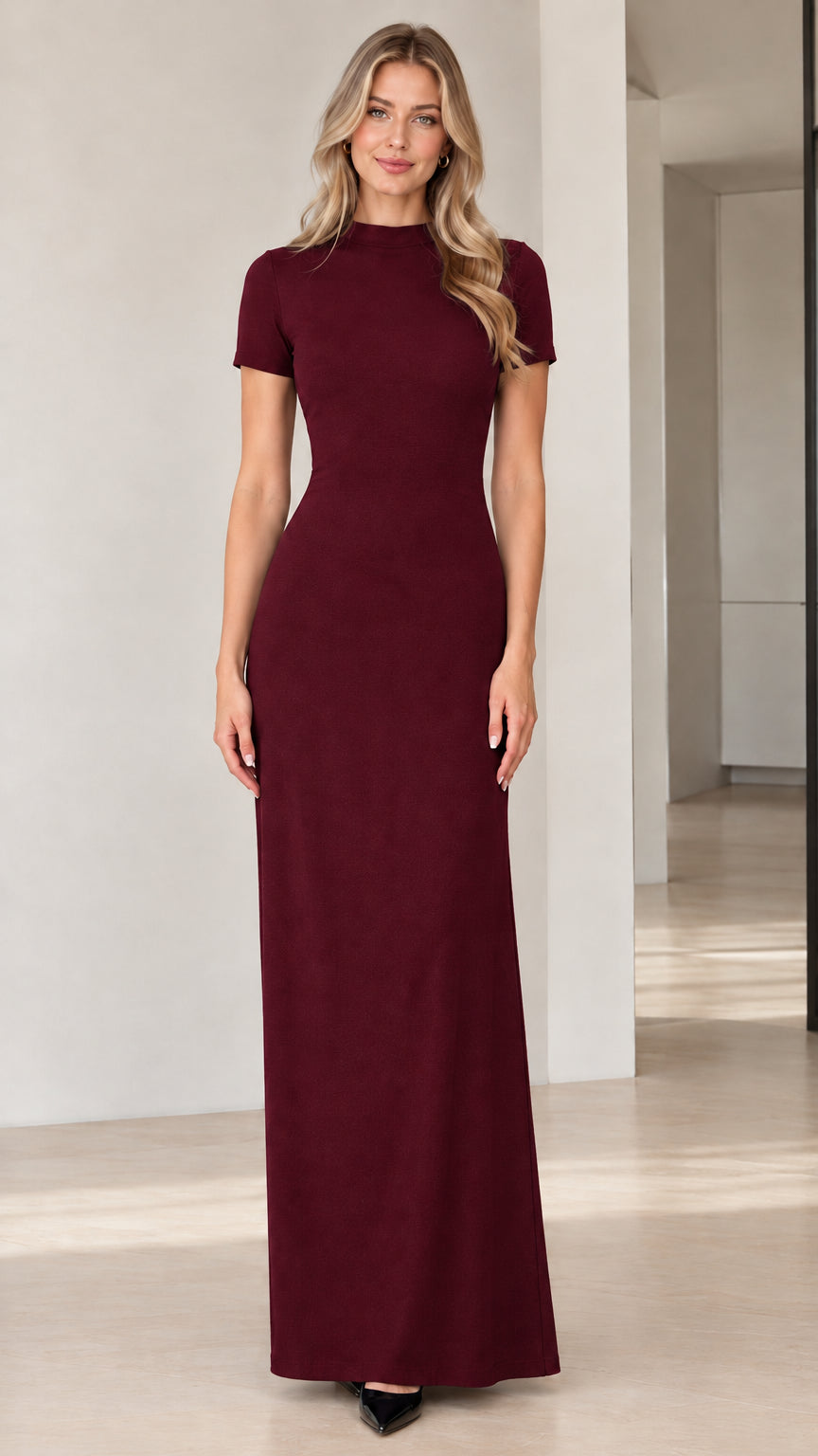 Front view of model wearing Burgundy wine mock neck maxi dress