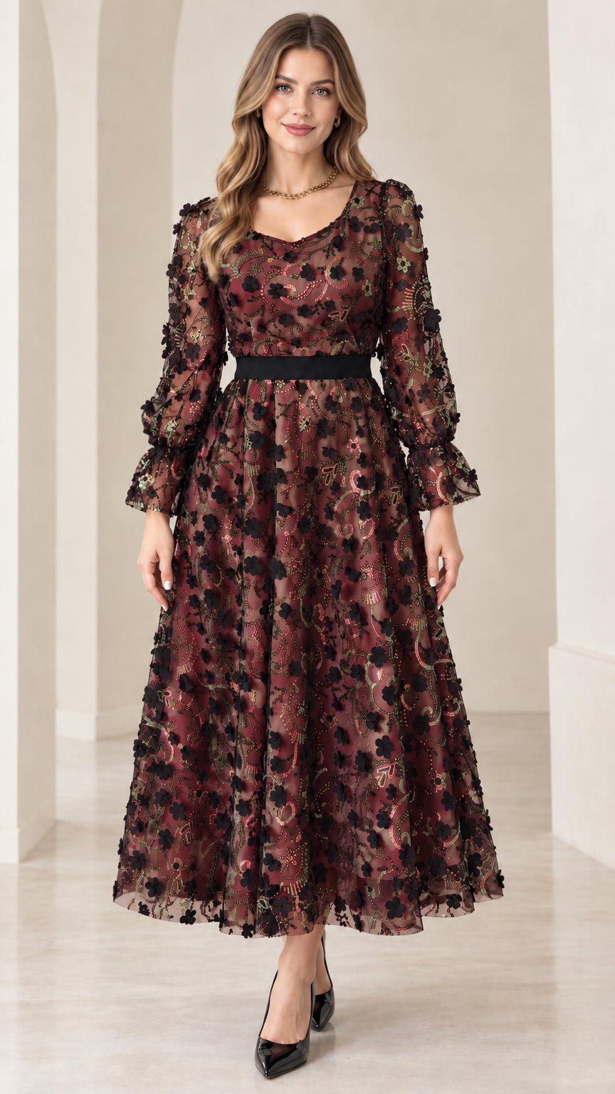 Front view of burgundy wine red 3D floral sequin midi dress