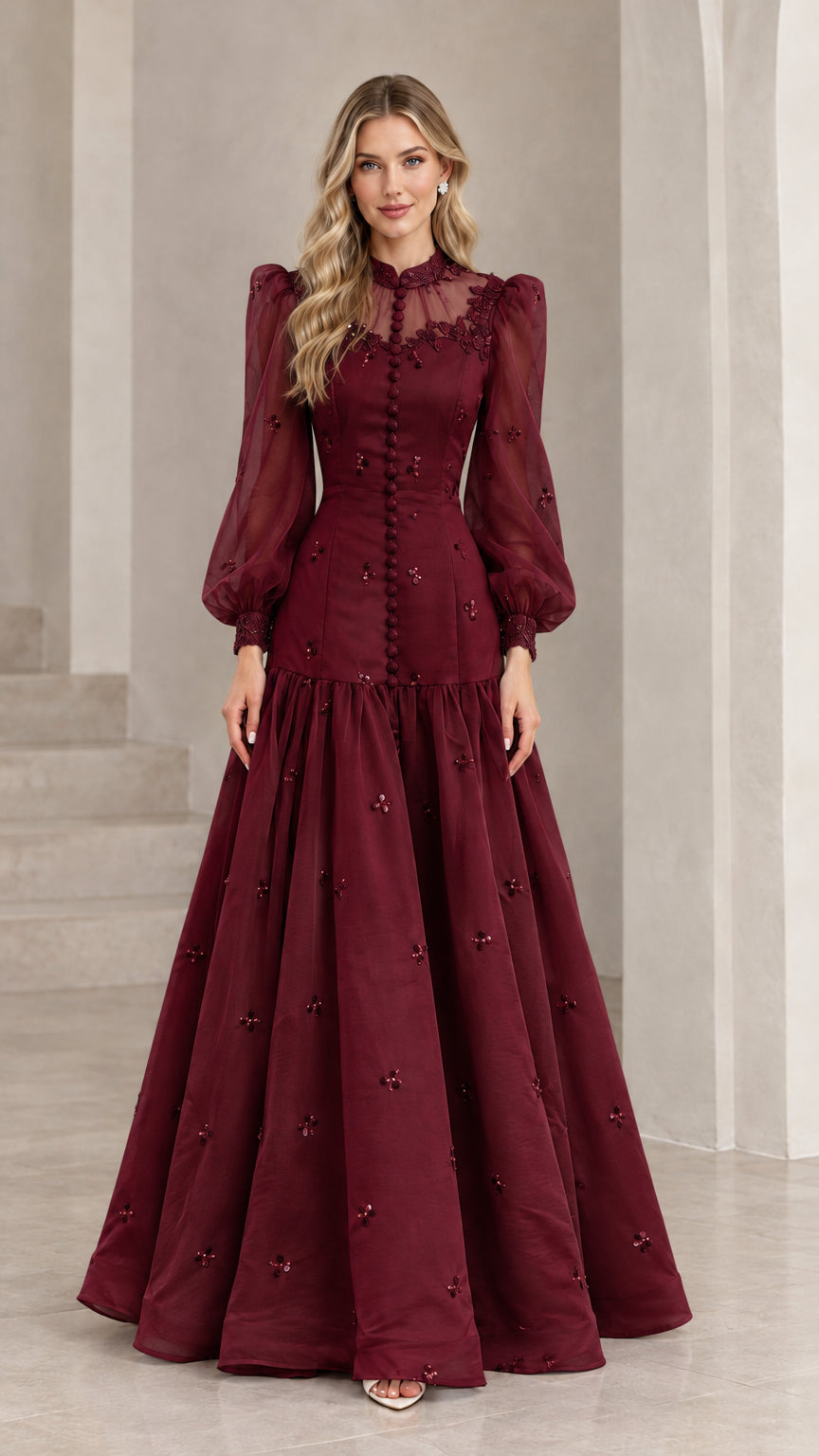 Burgundy wine red sheer long sleeve formal evening dress