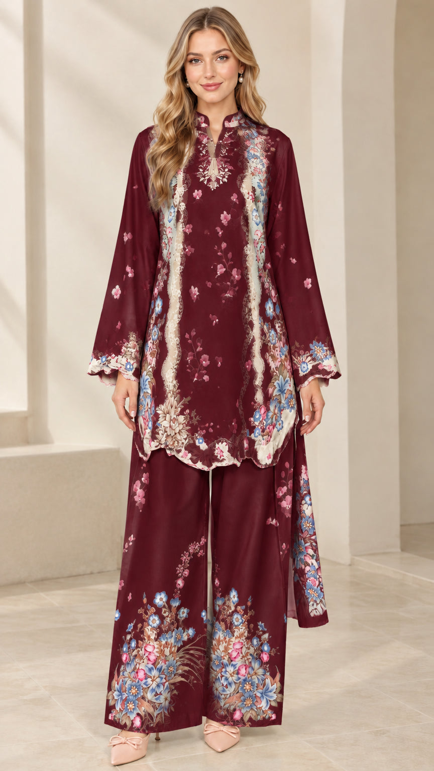 Full front view of burgundy wine floral print tunic and wide leg trousers set