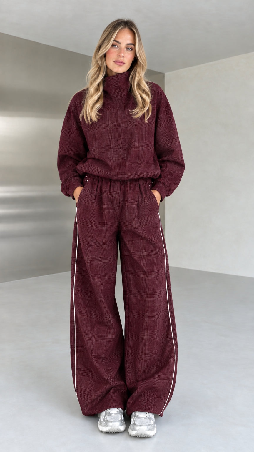 Model wearing burgundy red plaid high-neck top and wide-leg pants set