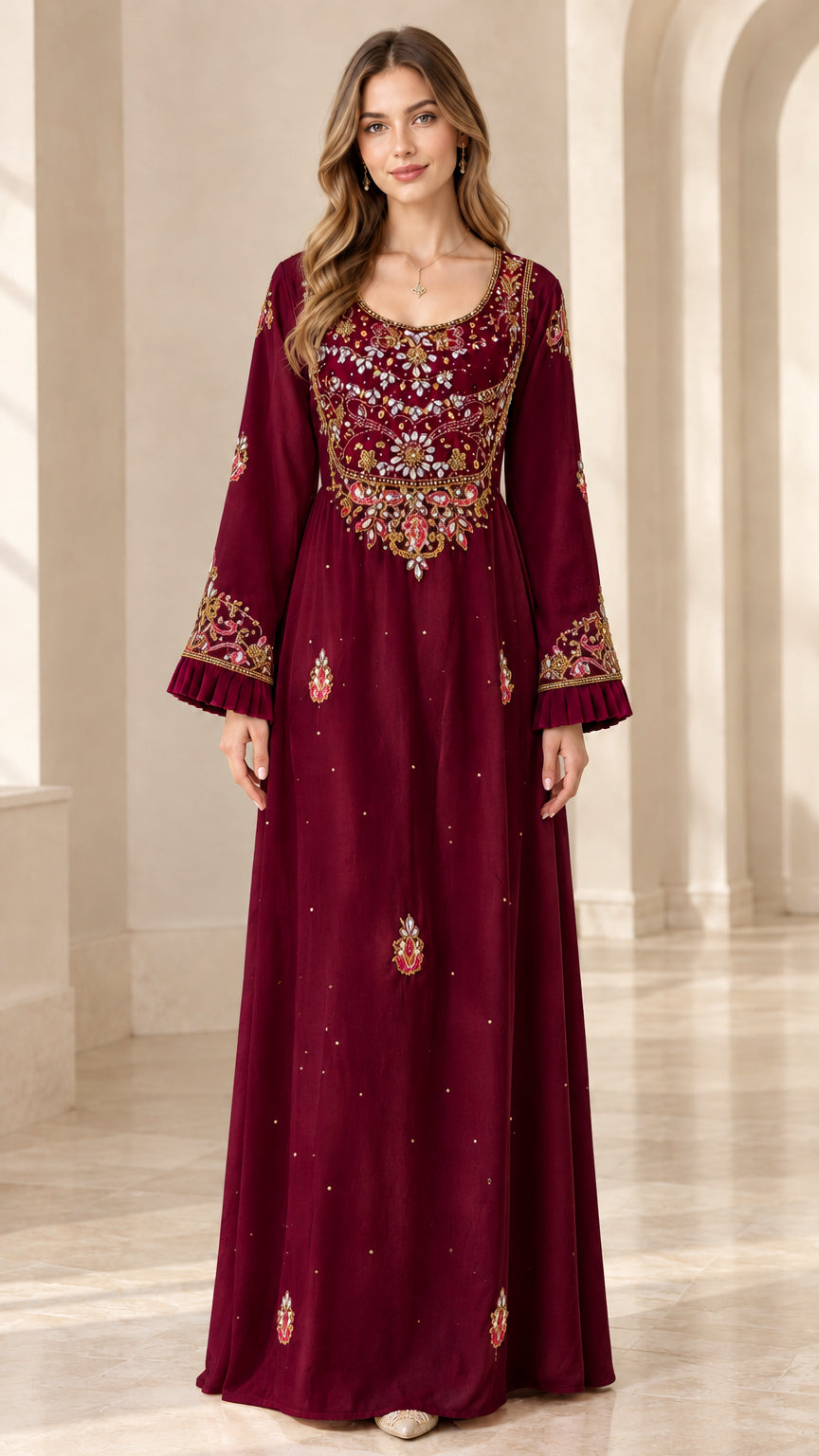 Full front view of model wearing Burgundy embroidered velvet yoke kaftan dress