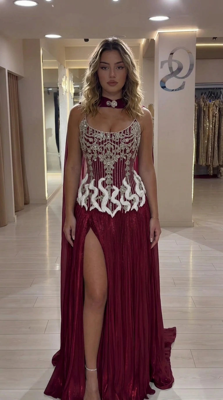 Burgundy wine red crystal corset evening dress with dramatic slit and matching cape