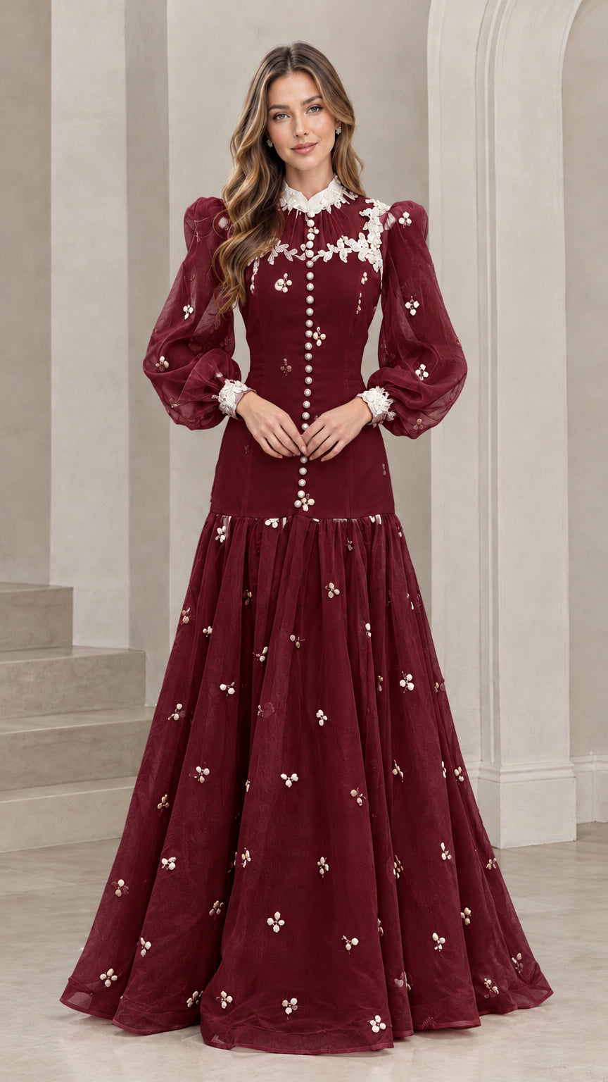 Front view of burgundy red long sleeve Victorian lace maxi gown with white lace details