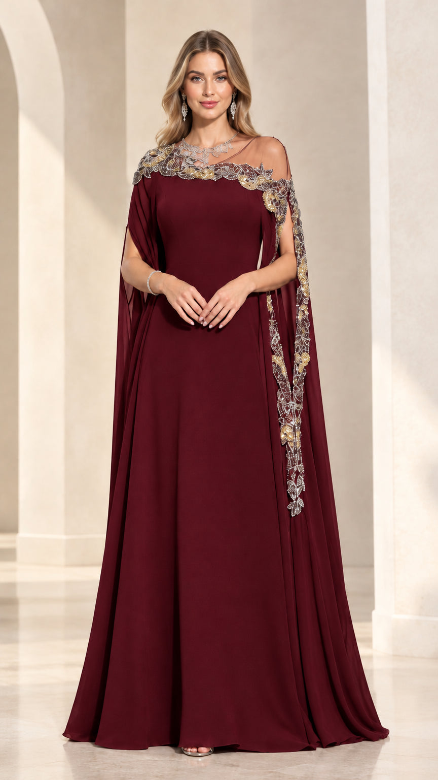 Front view of model wearing Burgundy Embroidered Cape Evening Gown