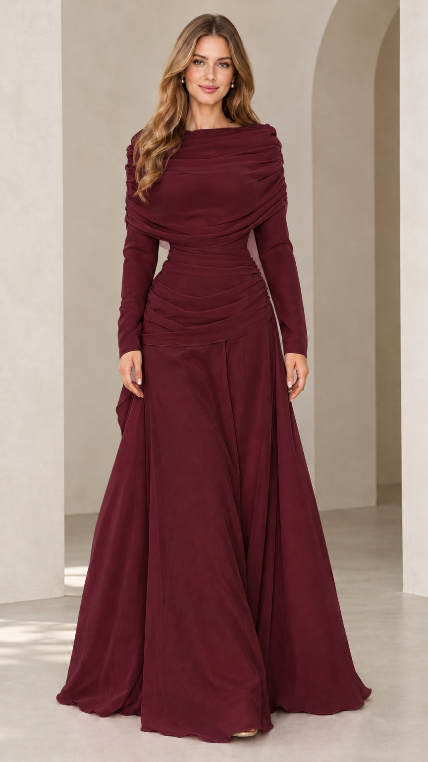 Full front view of burgundy wine red draped long sleeve evening gown