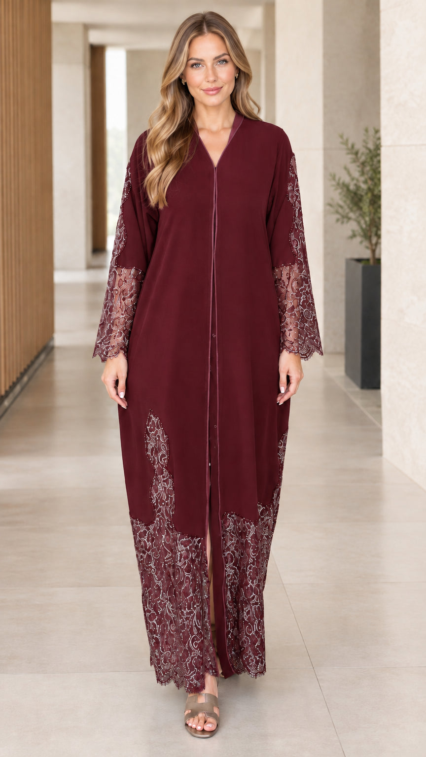 Burgundy wine modest long sleeve maxi abaya dress with lace detailing