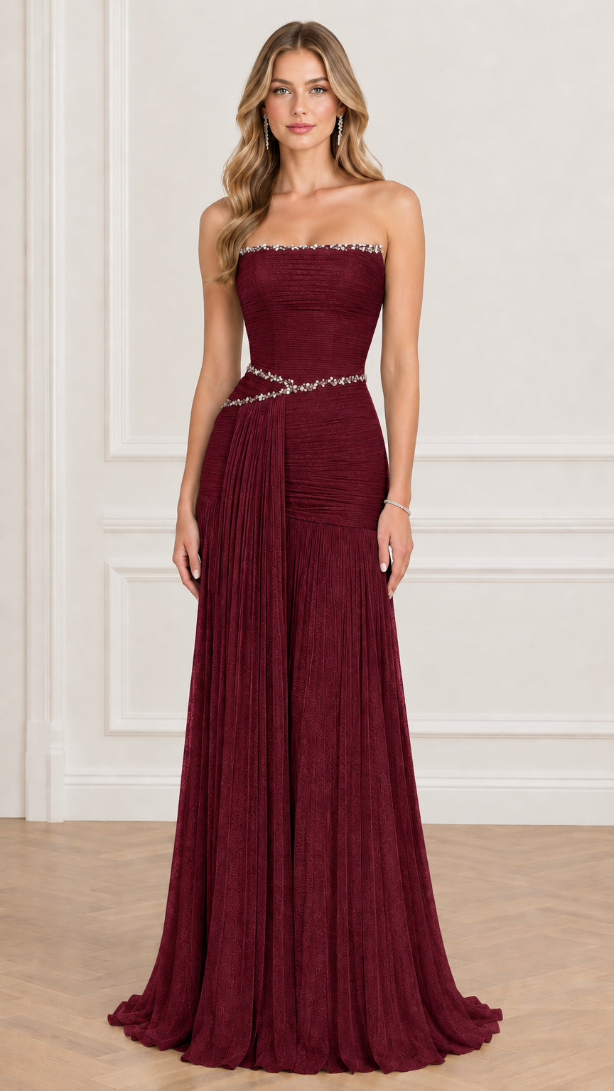 Front view of burgundy red strapless pleated evening gown