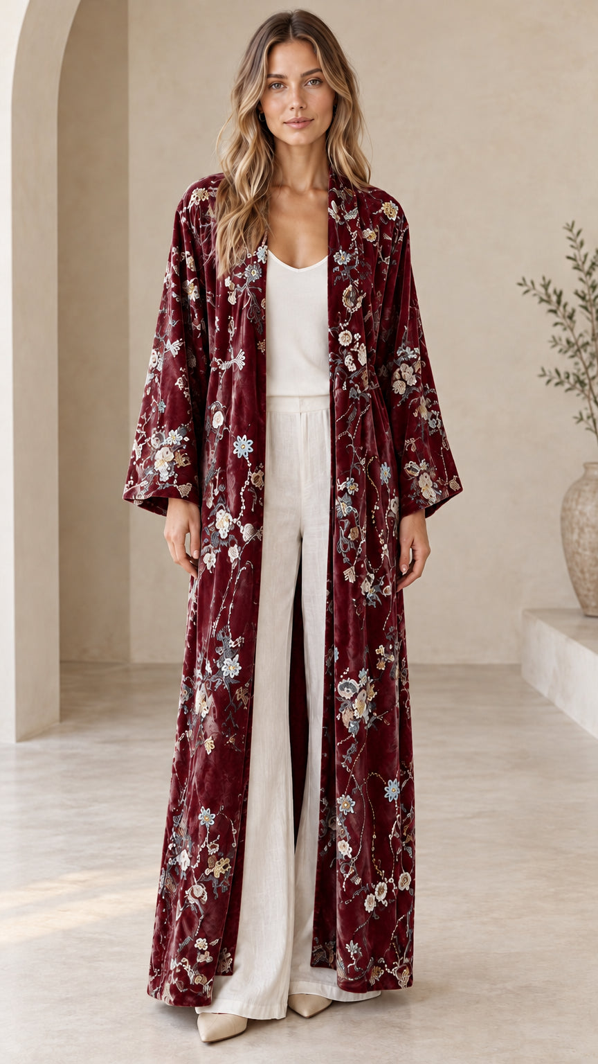 Model wearing the Burgundy floral embroidered velvet maxi duster cardigan