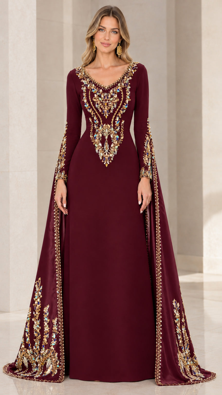 Front view of burgundy red cape sleeve formal evening dress with gold beadwork