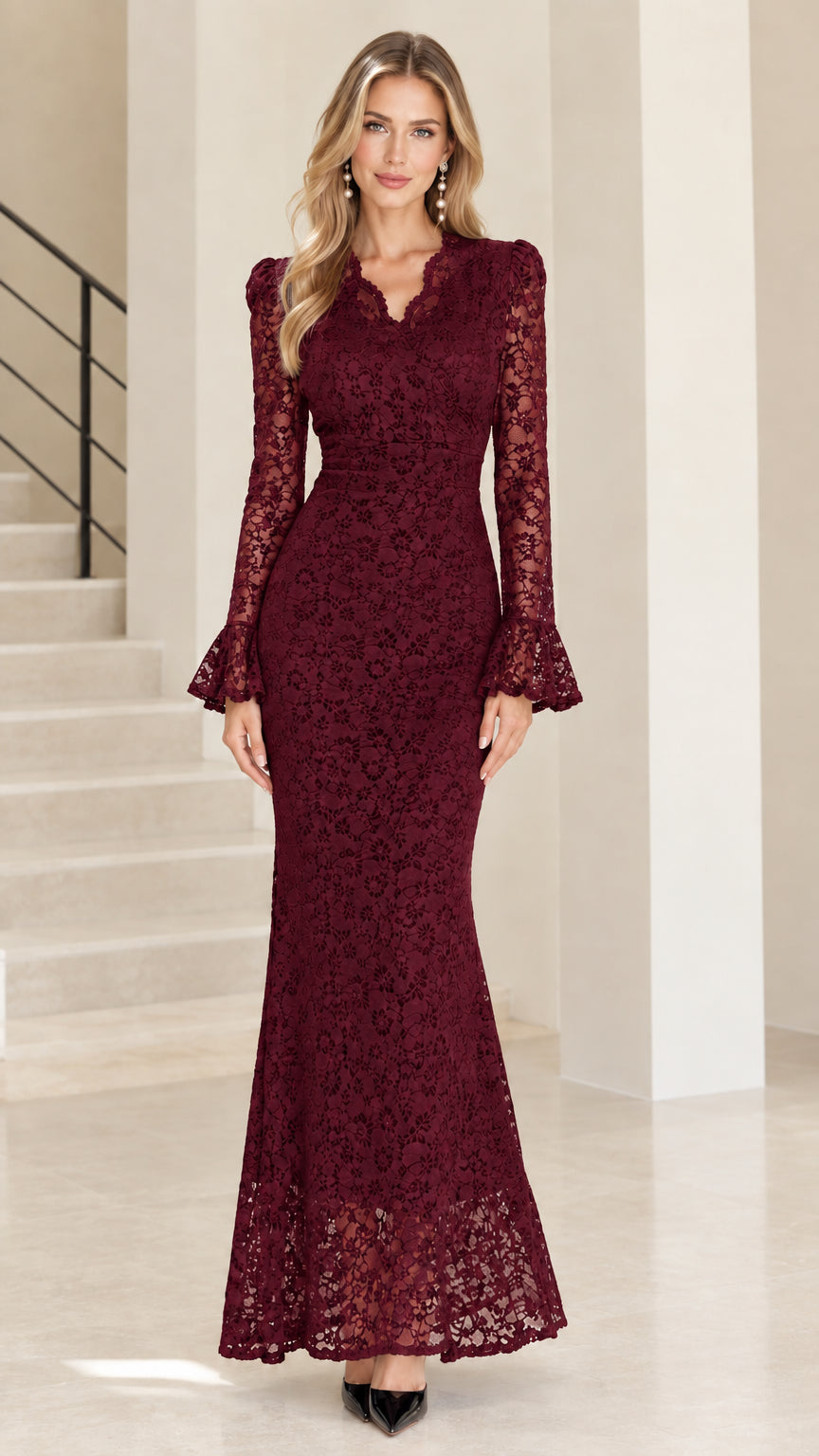 Burgundy wine red floral lace long sleeve formal evening dress