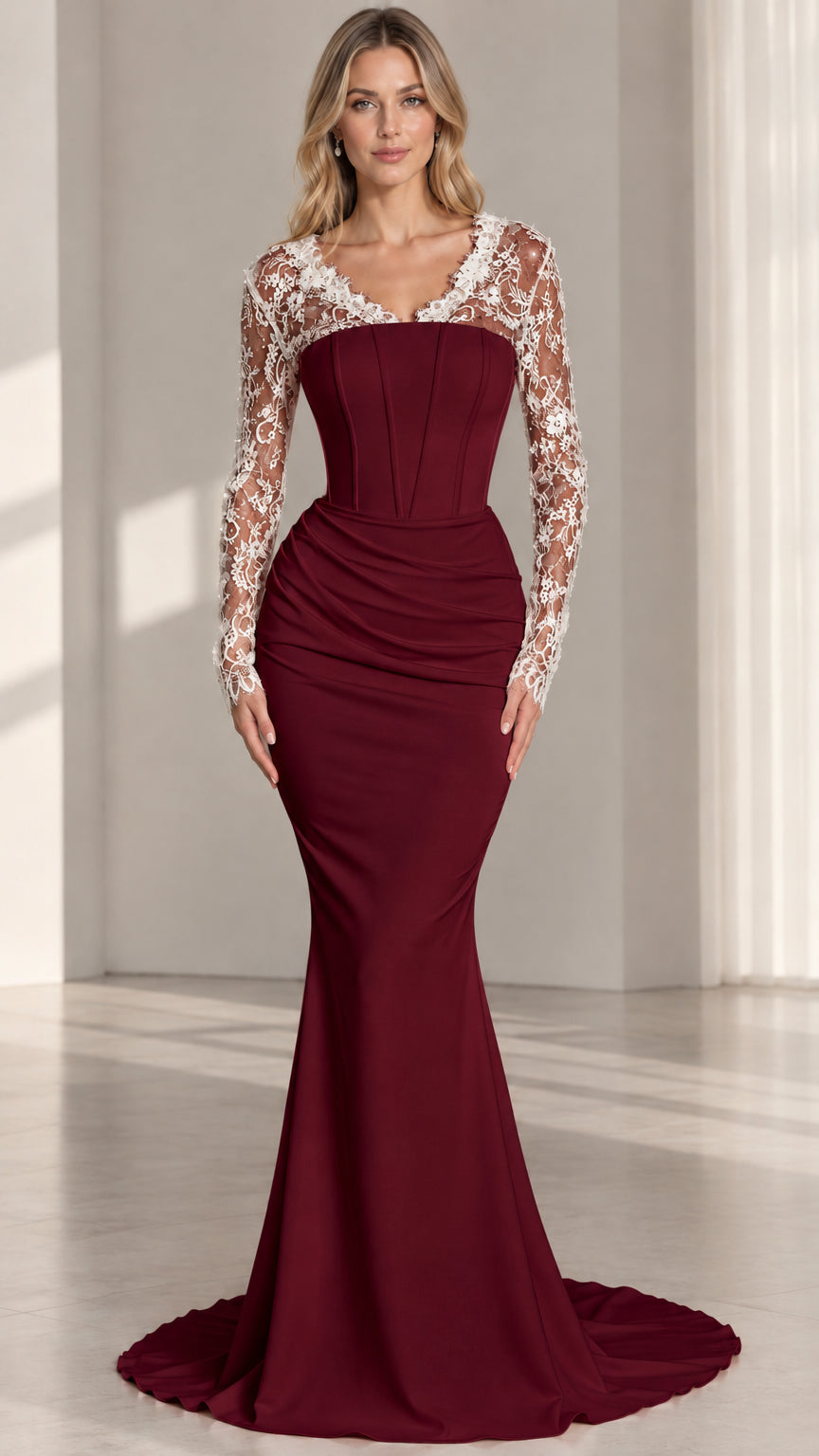 Burgundy red corset gown with white lace long sleeves