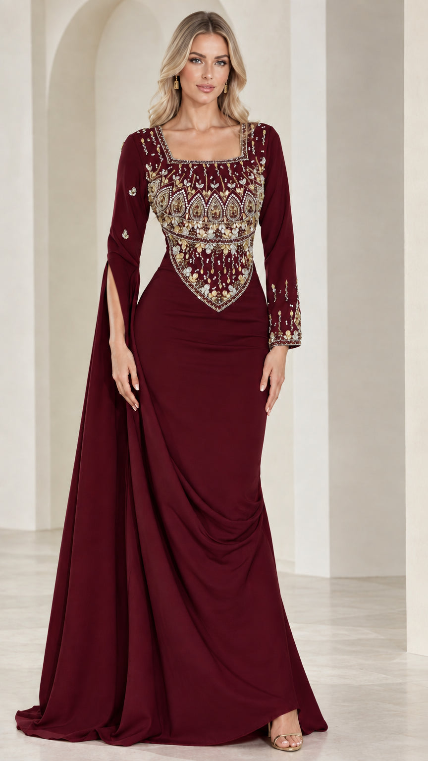 Burgundy wine red embellished formal evening gown