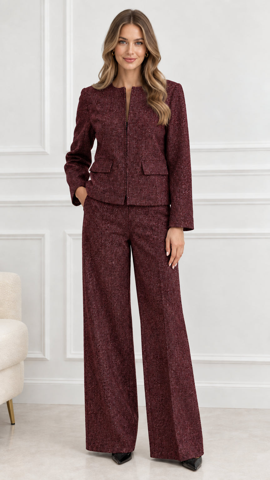 Model wearing Burgundy wine tweed collarless jacket and wide leg pant suit