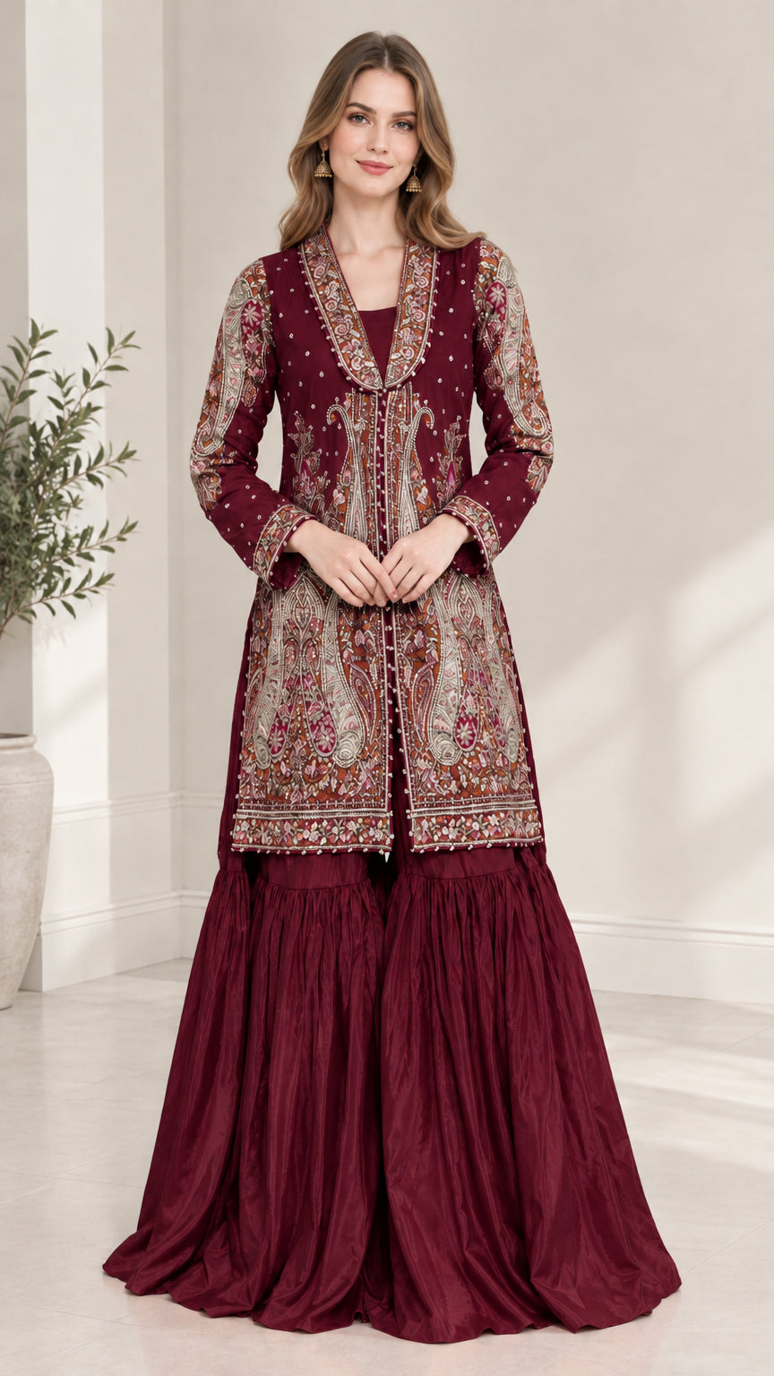 Woman wearing Burgundy embroidered longline jacket and sharara pants