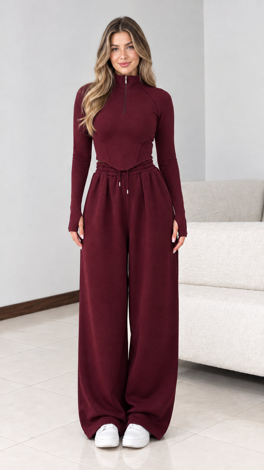 Front view of model wearing burgundy wine red two-piece lounge set