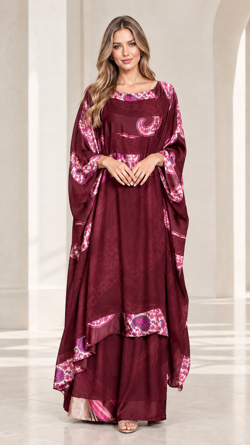 Full-length view of deep burgundy wine paisley print kaftan maxi dress