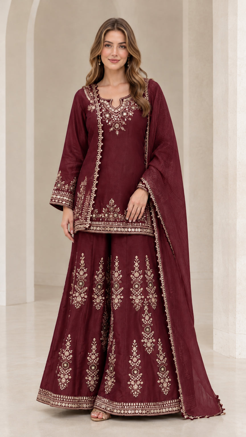 Maroon wine embroidered 3-piece wedding guest sharara suit