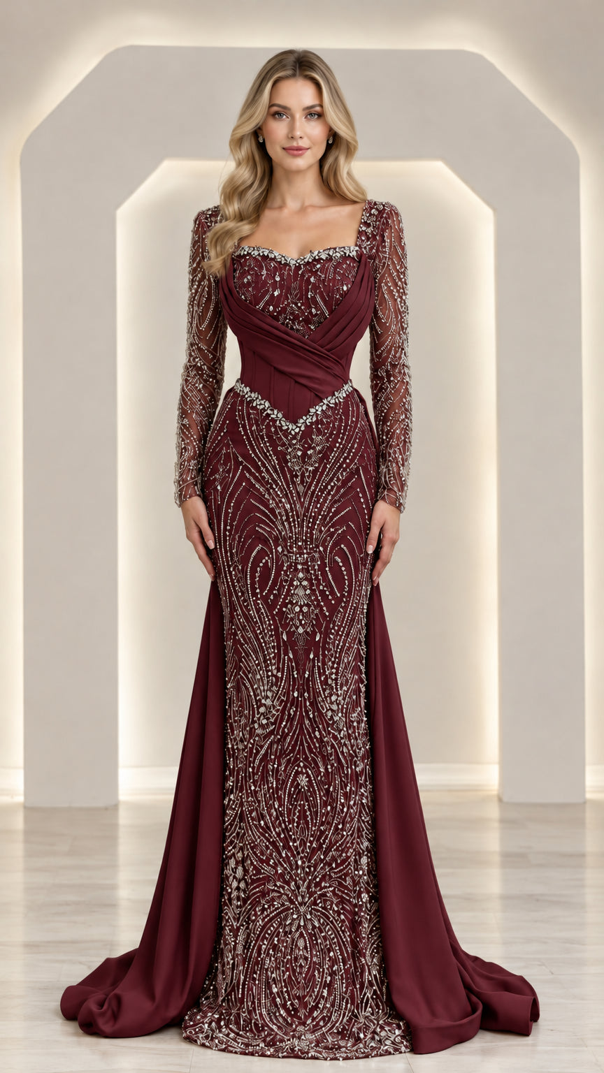 Burgundy wine formal evening dress with draped satin bodice and full beaded column skirt