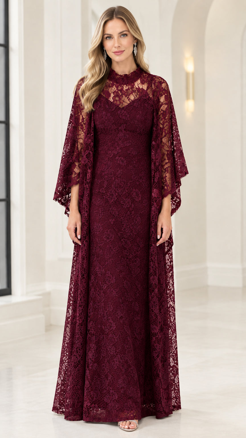Model wearing Burgundy floral lace mock neck maxi gown with flowing cape