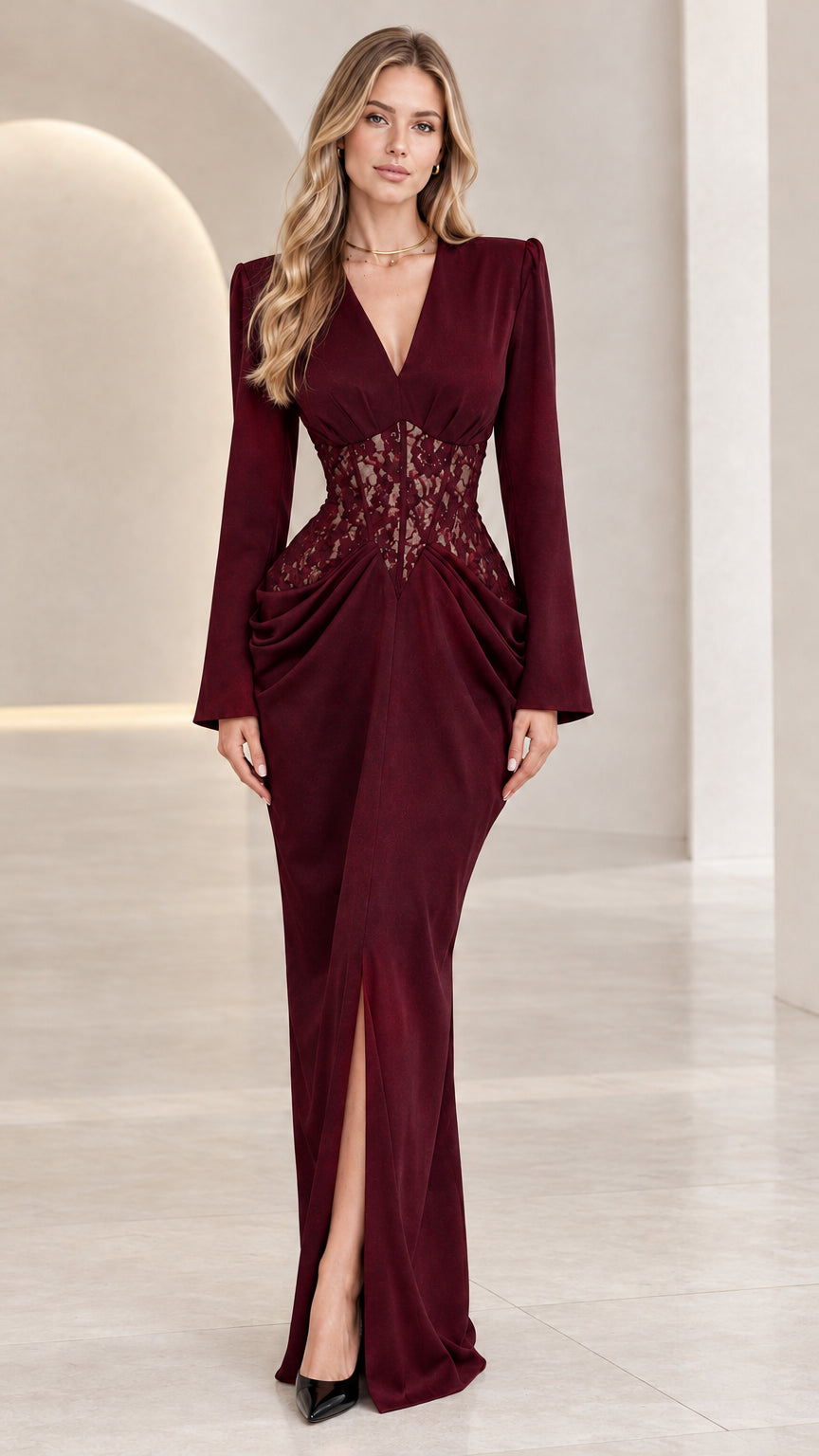 Burgundy wine red long sleeve maxi evening dress with lace waist