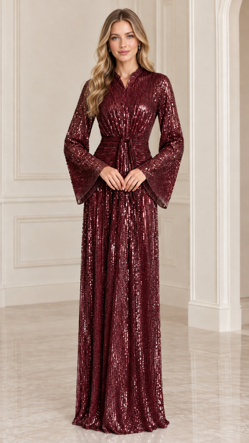 Model wearing Burgundy red sequin maxi evening dress with bell sleeves