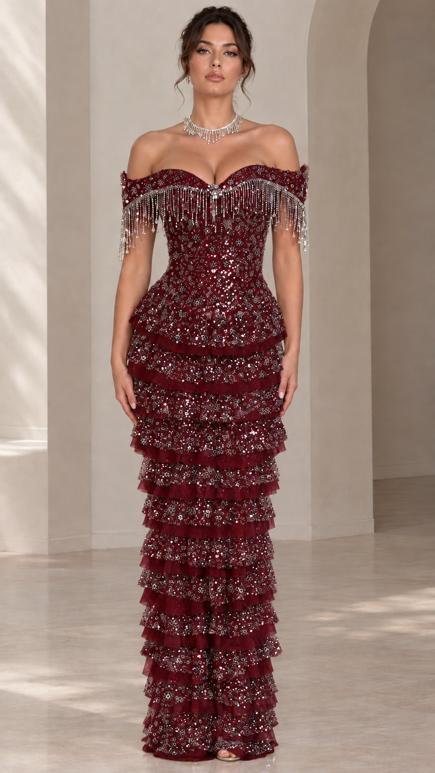 Burgundy off-the-shoulder tiered sequin gala gown with beaded fringe