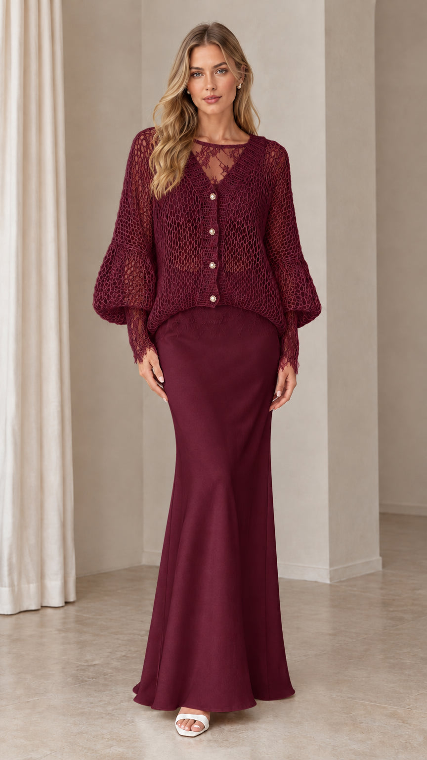 Burgundy wine open-knit cardigan and matching long skirt set with lace accents