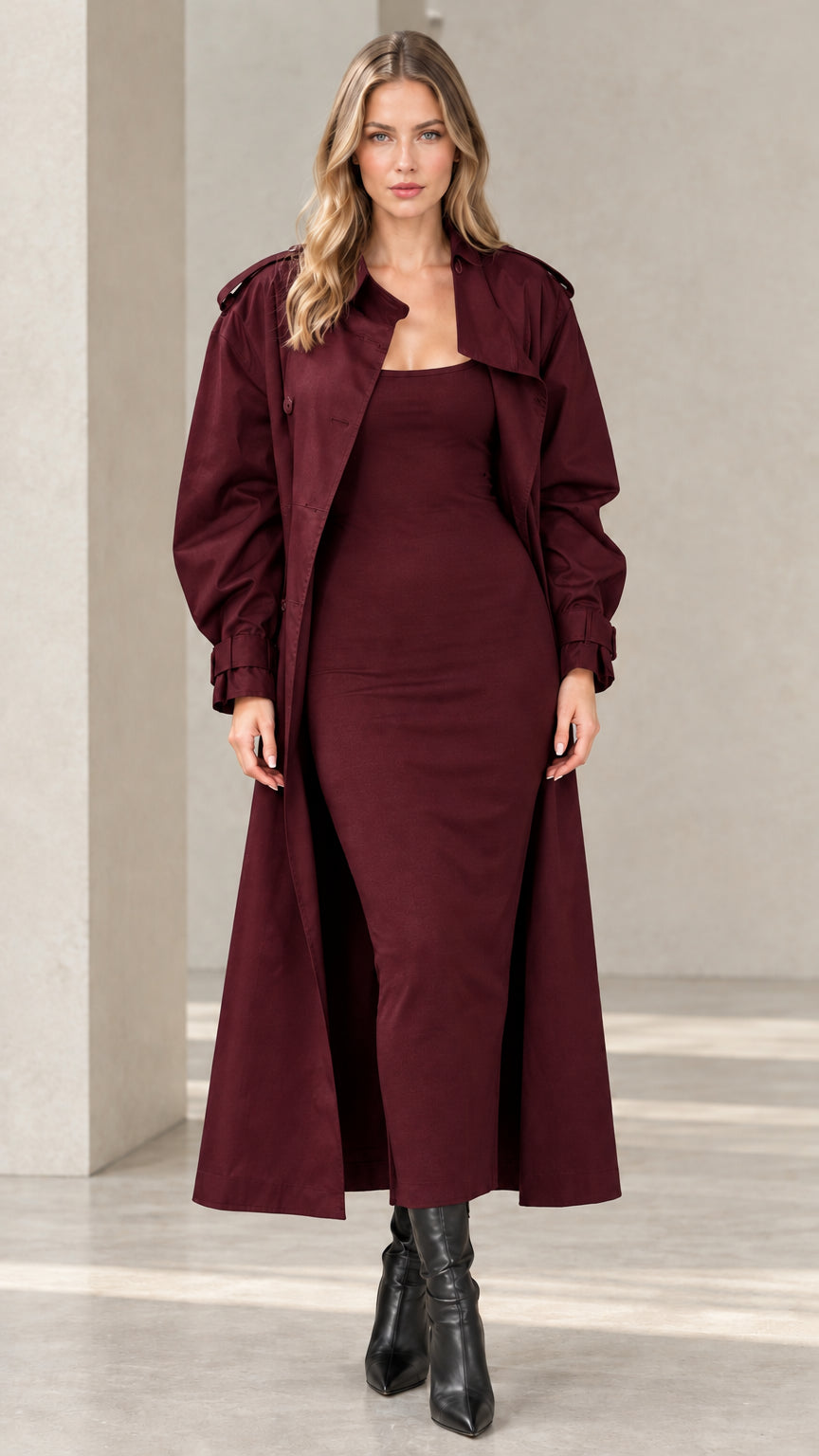 Full front view of women's burgundy wine maxi trench coat over matching column dress