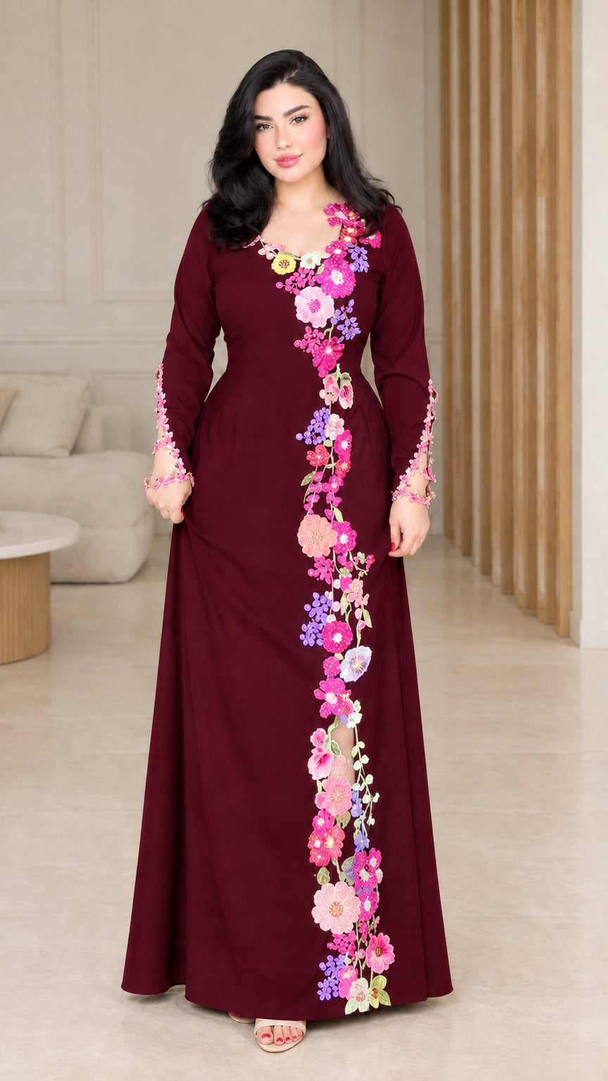 Front view of burgundy floral embroidered evening maxi dress