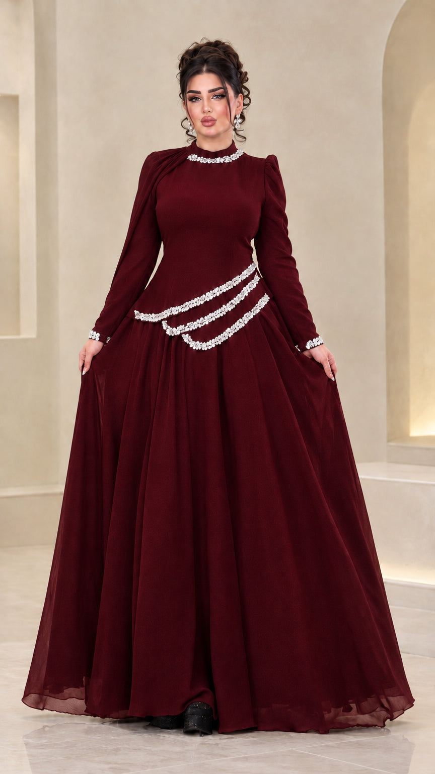 Front view of model wearing burgundy wine long sleeve chiffon evening dress