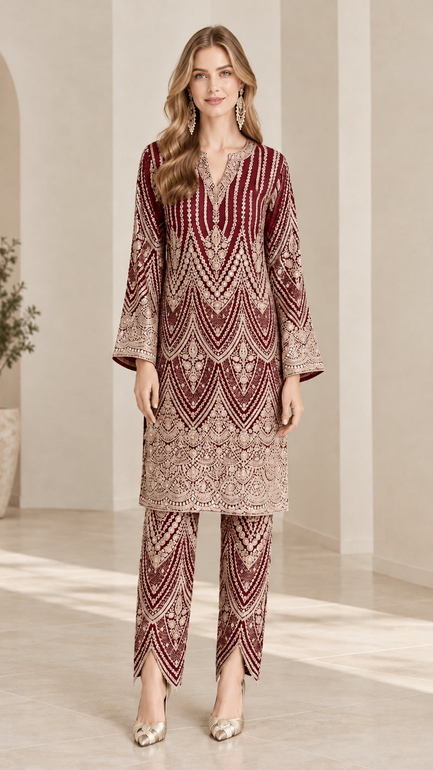 Full front view of model wearing burgundy wine embroidered tunic top and matching pants set