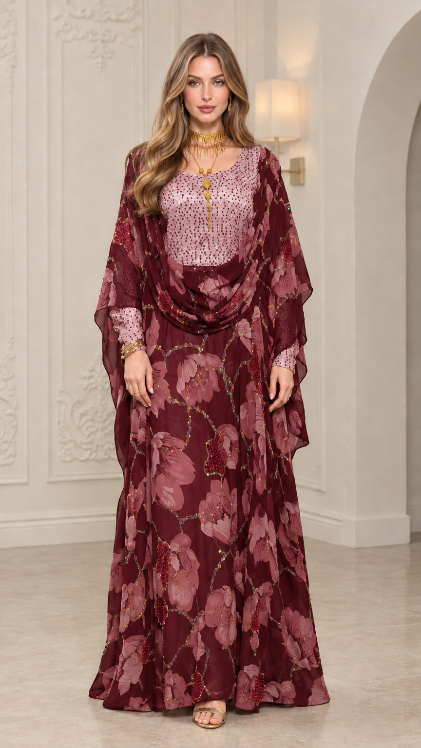 Front view of woman wearing Burgundy floral embellished kaftan maxi dress