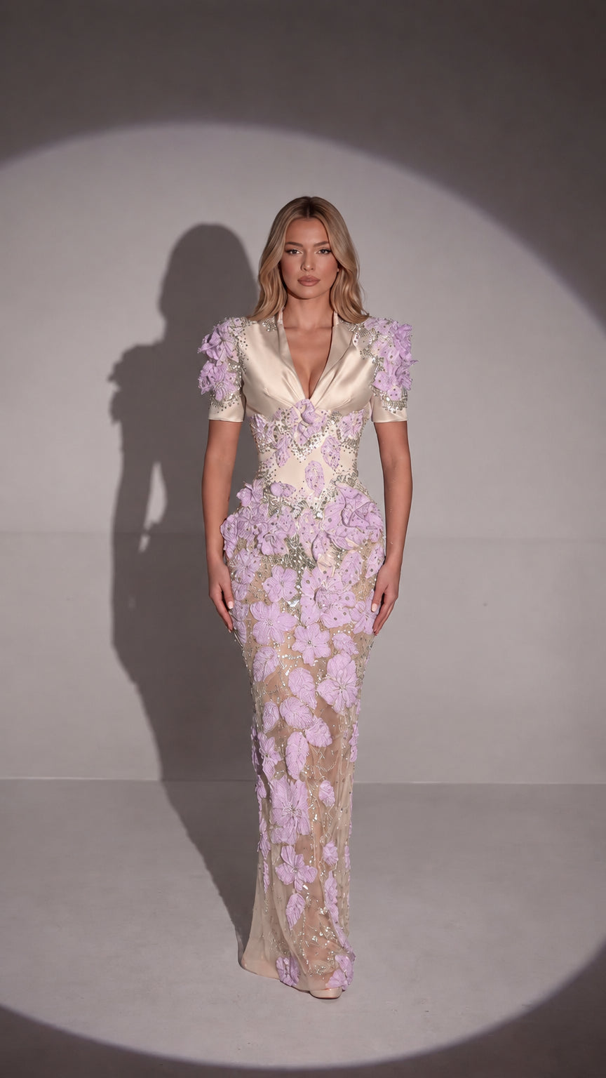 Front view of champagne gold 3D floral appliqué formal evening gown