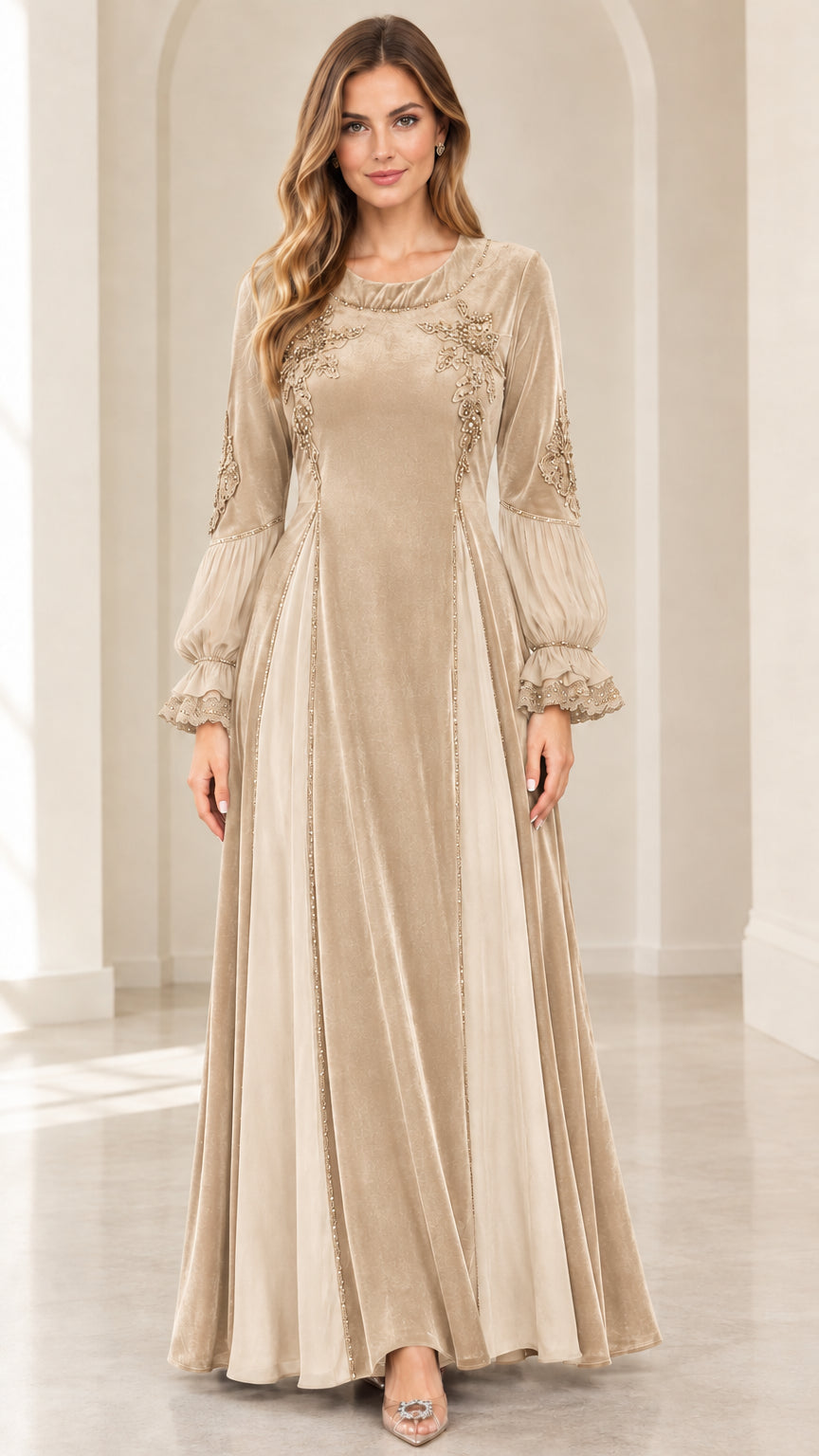 Model wearing champagne beige velvet formal maxi gown with embroidery