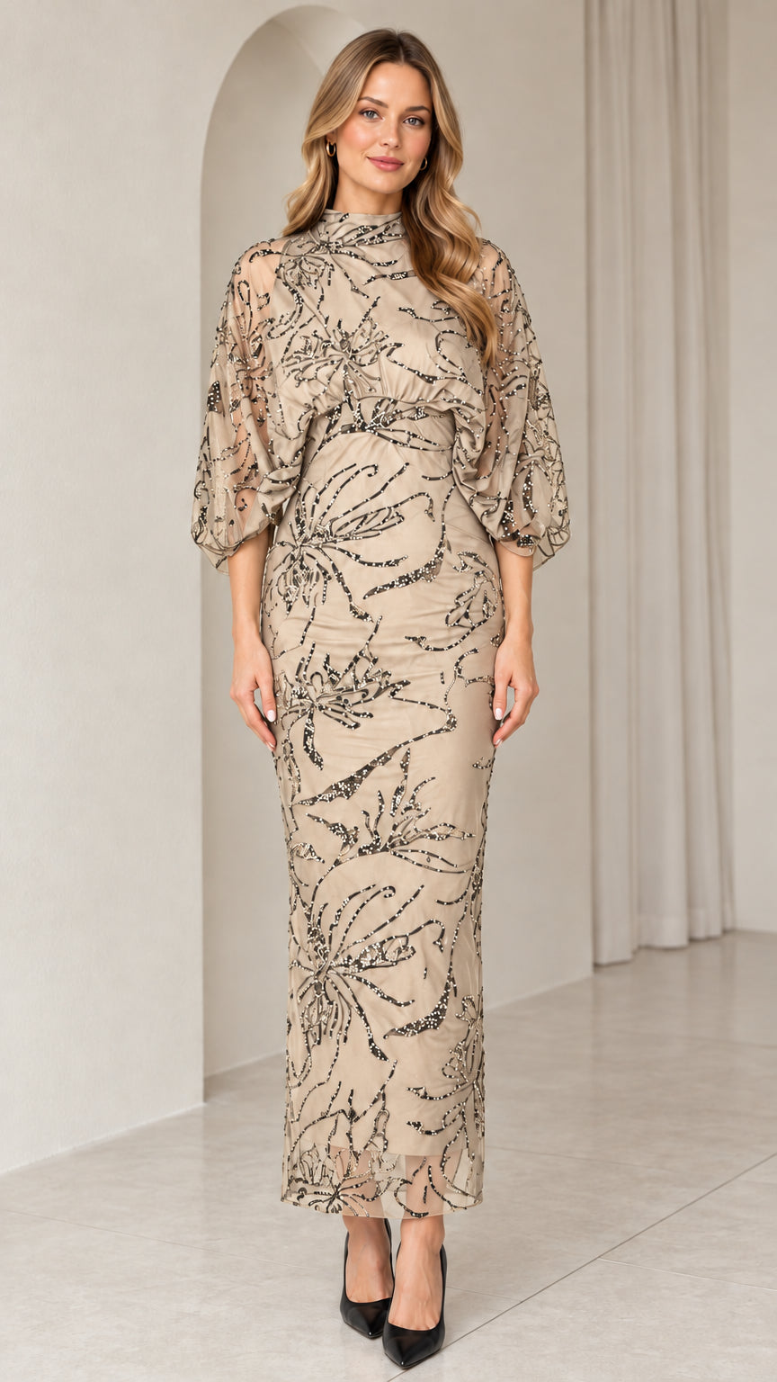 Champagne beige embellished mock neck evening maxi dress