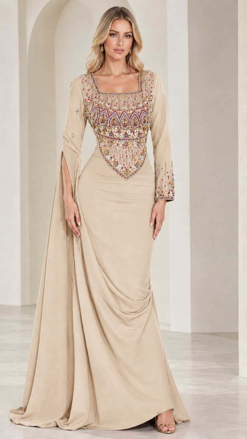 Champagne beige embellished formal evening dress with cape drape