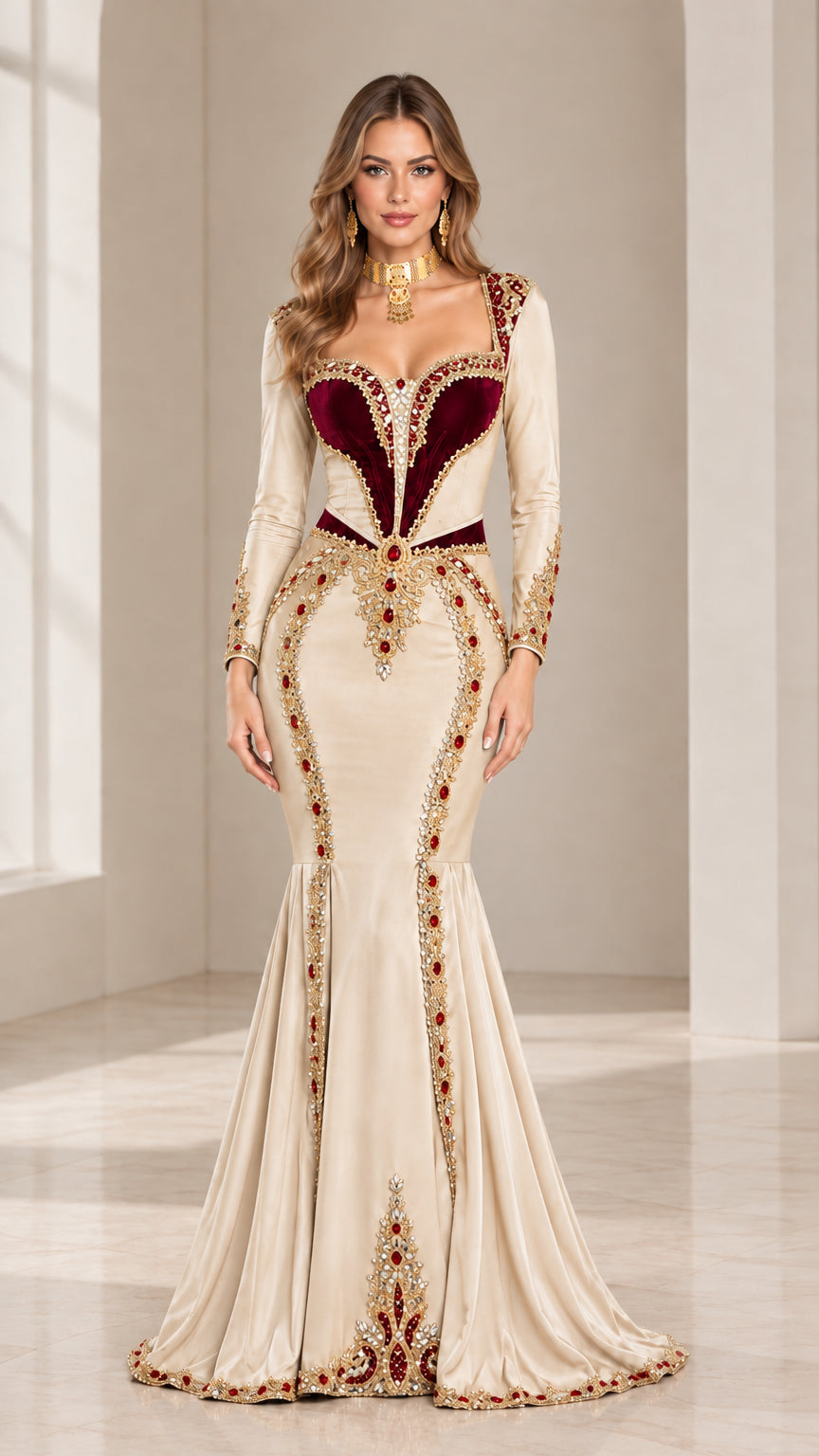 Champagne beige embellished mermaid evening gown with contrasting velvet bodice and beaded accents