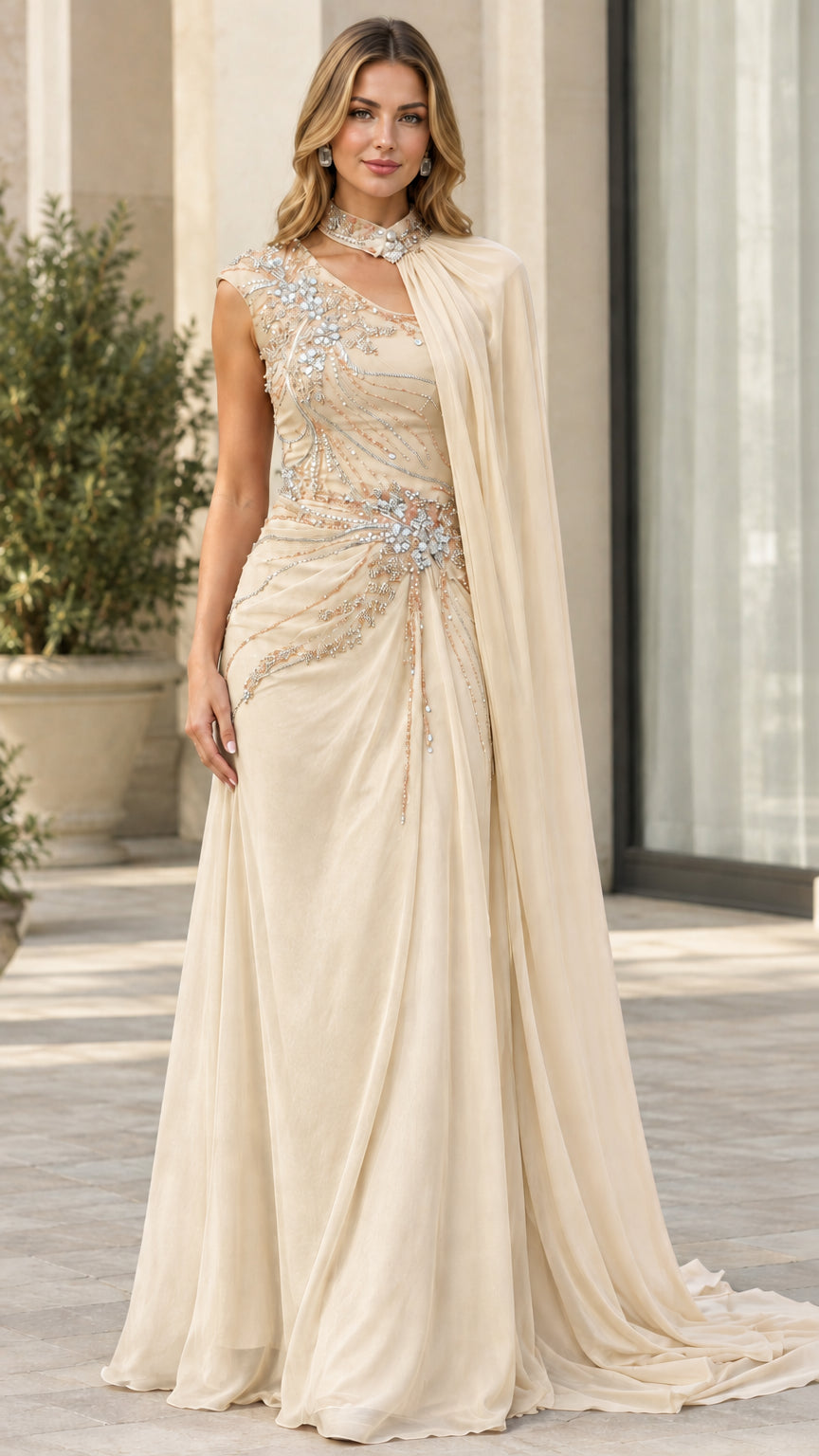 Champagne gold embellished mock neck cape evening gown