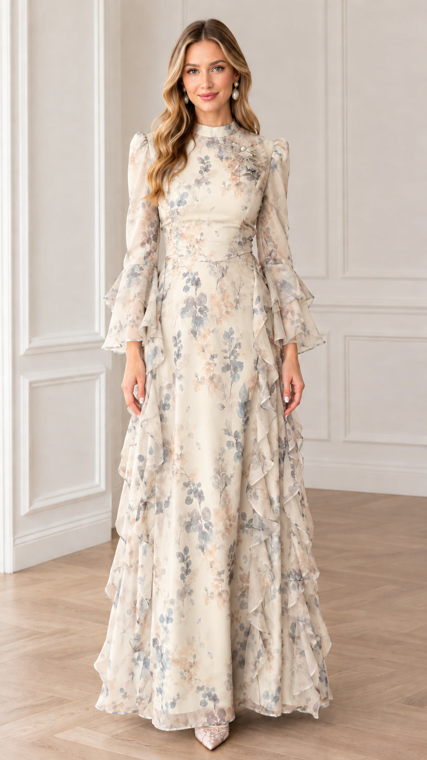 Full-length view of Ivory floral print high neck ruffle maxi dress