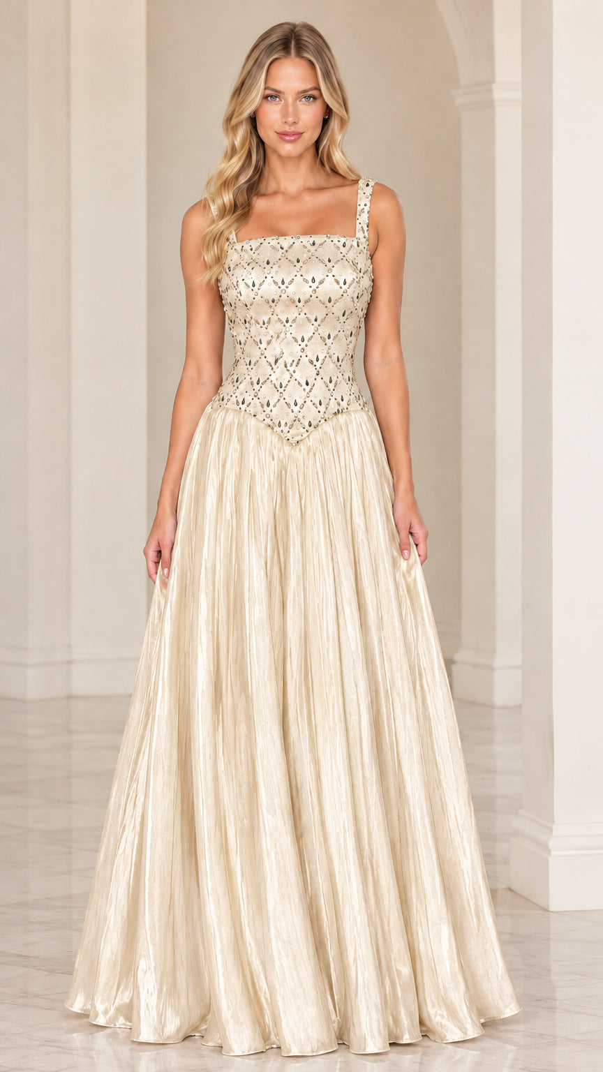 Champagne gold embellished evening gown with pleated skirt