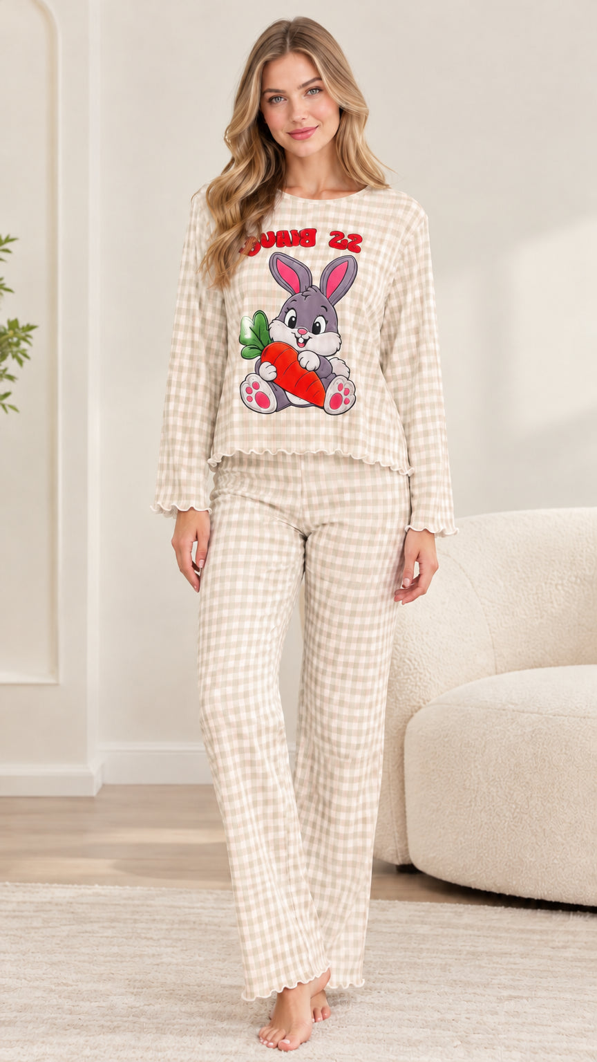 Front view of woman wearing beige tan gingham bunny pajama set