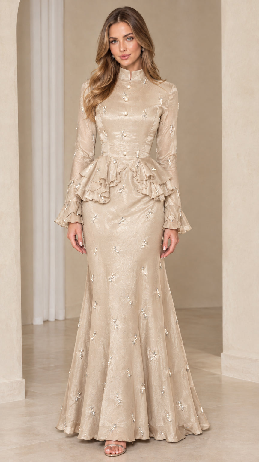 Full-length view of champagne beige embellished peplum mermaid maxi dress