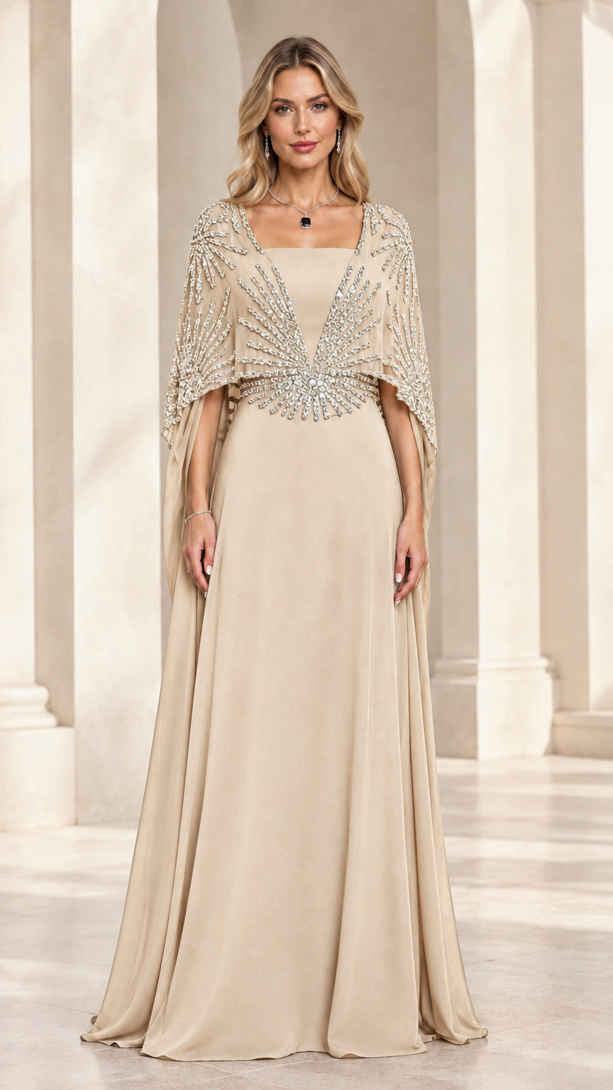 Champagne beige sequin capelet maxi gown for formal events