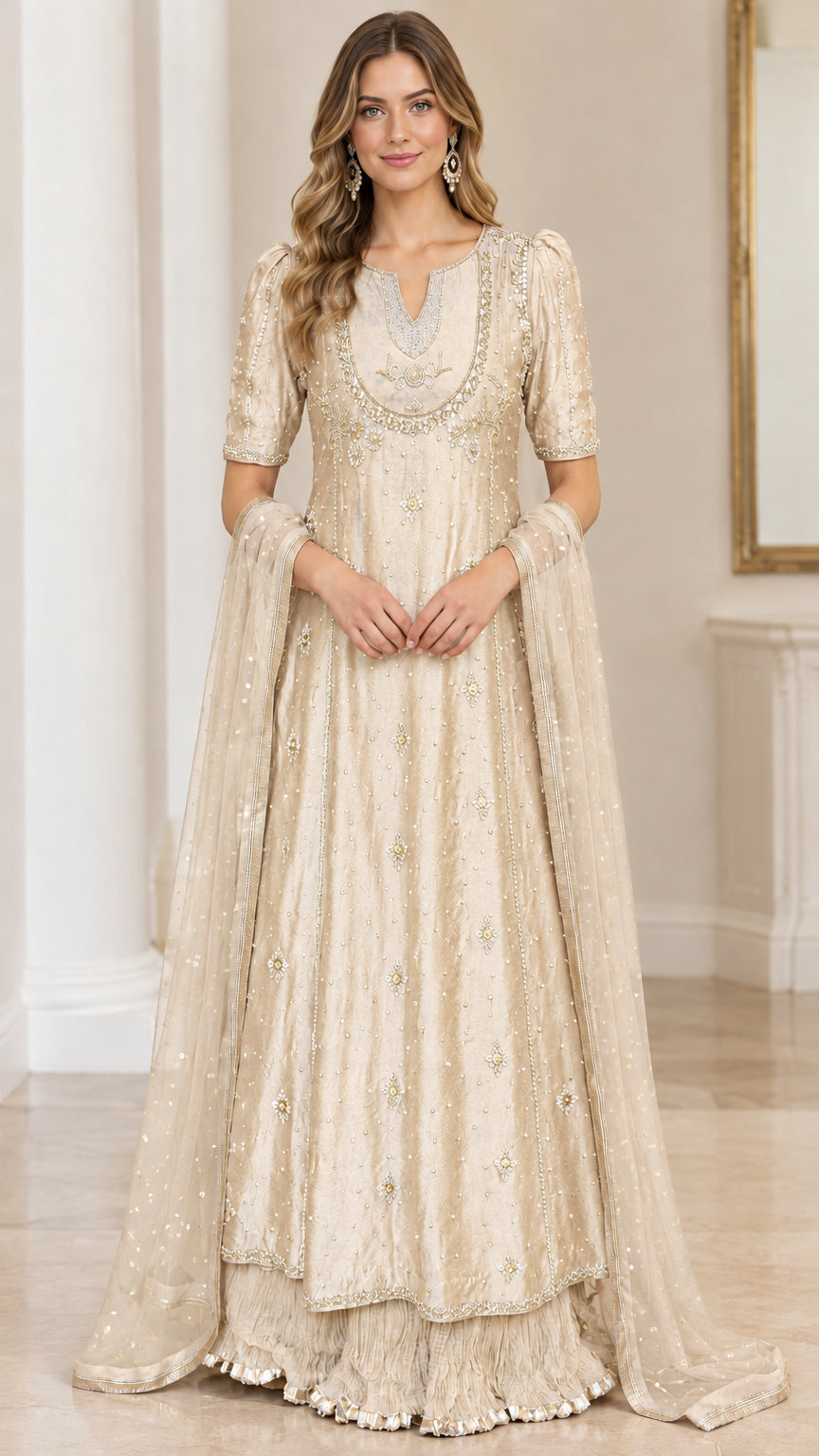Champagne gold floor-length embellished dress set for weddings and galas