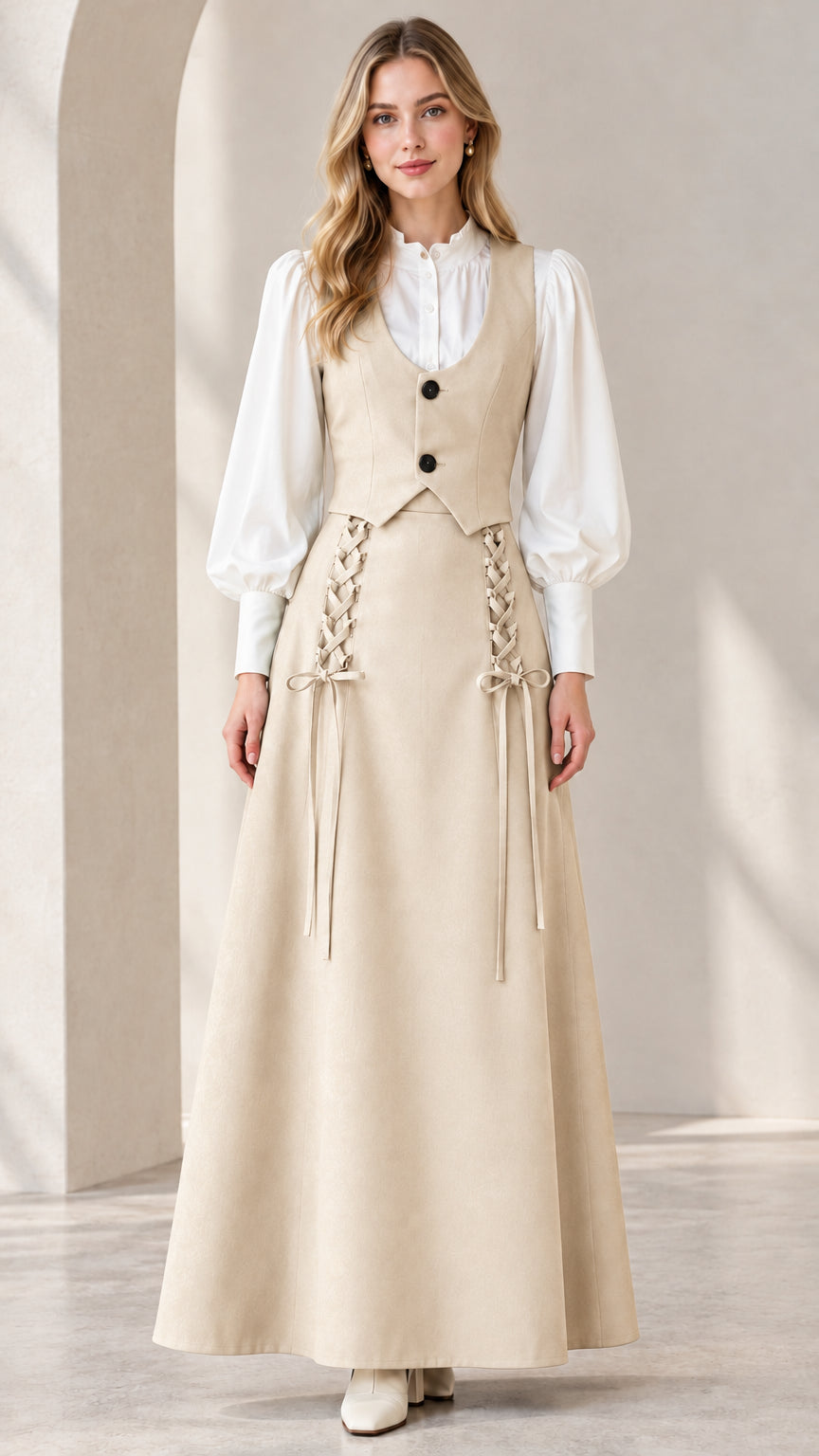 Full front view of beige tailored vest and lace-up maxi skirt set