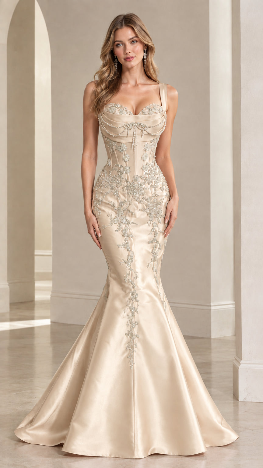 Front view of champagne gold beaded corset satin mermaid evening gown