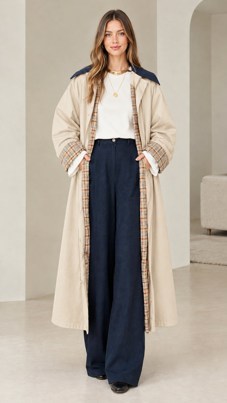 Front view of model wearing beige khaki longline trench coat with check cuffs